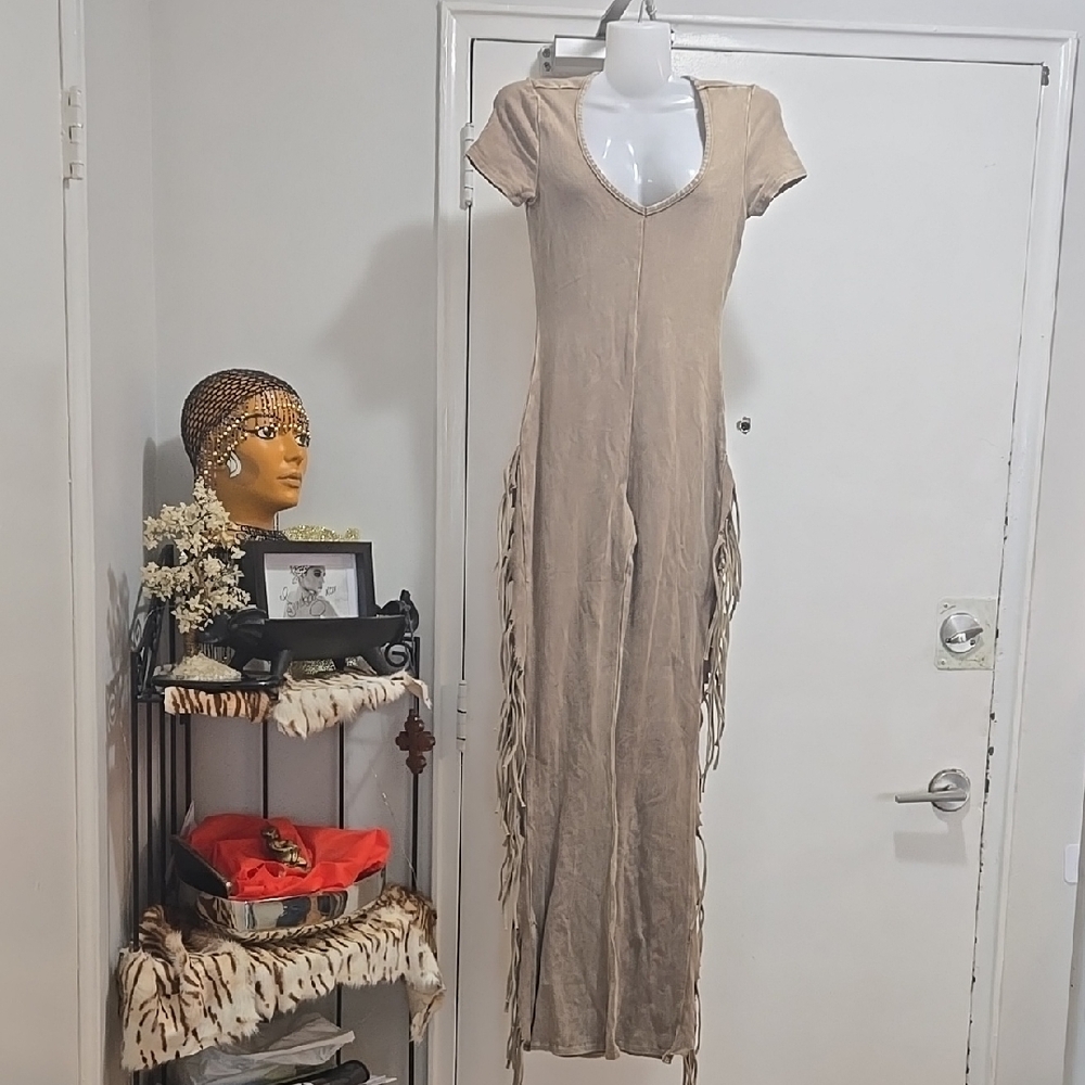 Fashion Nova Tan Carry Me Higher Fringe Mocha Jumpsuit with Fringe Details